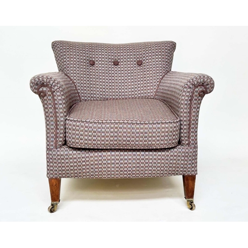 97 - ARMCHAIR, early 20th century English Edwardian upholstered check weave with button back and square t... 
