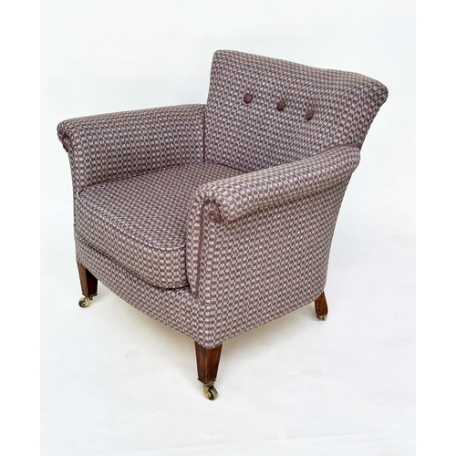 97 - ARMCHAIR, early 20th century English Edwardian upholstered check weave with button back and square t... 