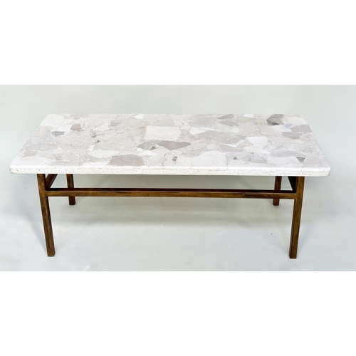 99 - LOW TABLE, Italian rectangular travertine marble mosaic, raised upon gilt metal support, 44cm H x 11... 