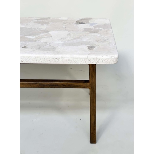 99 - LOW TABLE, Italian rectangular travertine marble mosaic, raised upon gilt metal support, 44cm H x 11... 