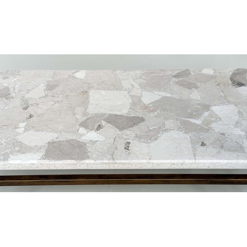 99 - LOW TABLE, Italian rectangular travertine marble mosaic, raised upon gilt metal support, 44cm H x 11... 