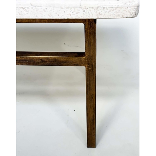 99 - LOW TABLE, Italian rectangular travertine marble mosaic, raised upon gilt metal support, 44cm H x 11... 