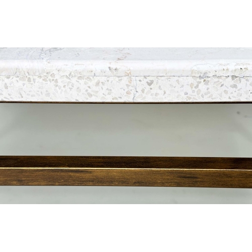 99 - LOW TABLE, Italian rectangular travertine marble mosaic, raised upon gilt metal support, 44cm H x 11... 