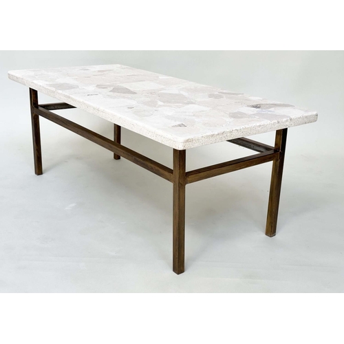 99 - LOW TABLE, Italian rectangular travertine marble mosaic, raised upon gilt metal support, 44cm H x 11... 