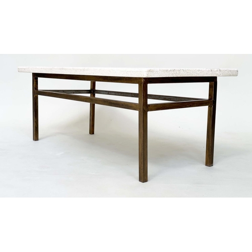 99 - LOW TABLE, Italian rectangular travertine marble mosaic, raised upon gilt metal support, 44cm H x 11... 