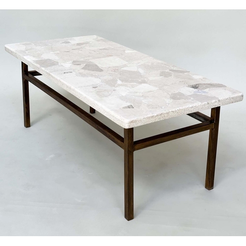 99 - LOW TABLE, Italian rectangular travertine marble mosaic, raised upon gilt metal support, 44cm H x 11... 