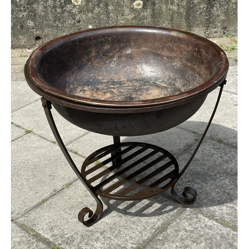 125 - FIREPIT/BARBECUE, vintage wrought iron circular with undertier rack, 58cm W x 51cm H.