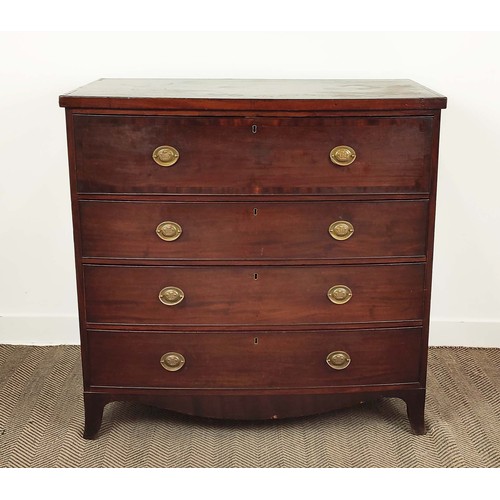 176 - BOWFRONT SECRETAIRE CHEST, Regency mahogany with a fitted interior and three further drawers, 114cm ... 