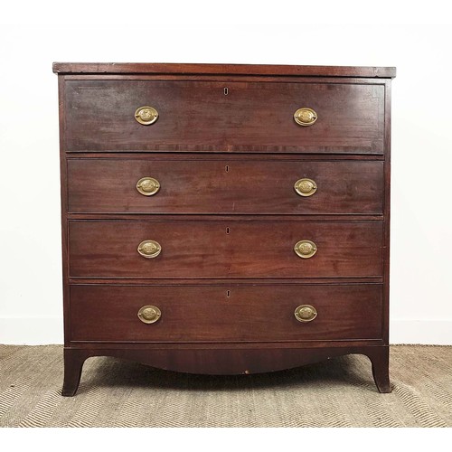 176 - BOWFRONT SECRETAIRE CHEST, Regency mahogany with a fitted interior and three further drawers, 114cm ... 