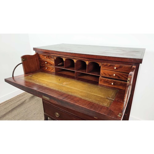 176 - BOWFRONT SECRETAIRE CHEST, Regency mahogany with a fitted interior and three further drawers, 114cm ... 