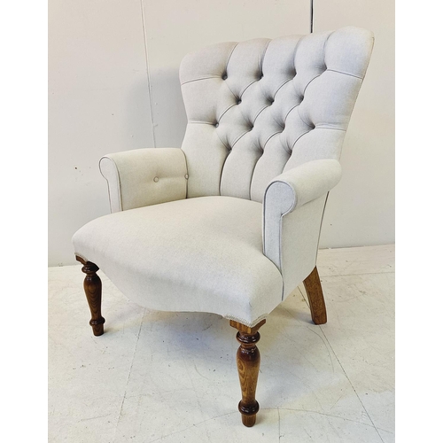 359 - ARMCHAIR, Victorian style with neutral buttoned back upholstery, 95cm H x 70cm W x 70cm D