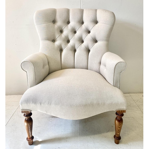 359 - ARMCHAIR, Victorian style with neutral buttoned back upholstery, 95cm H x 70cm W x 70cm D