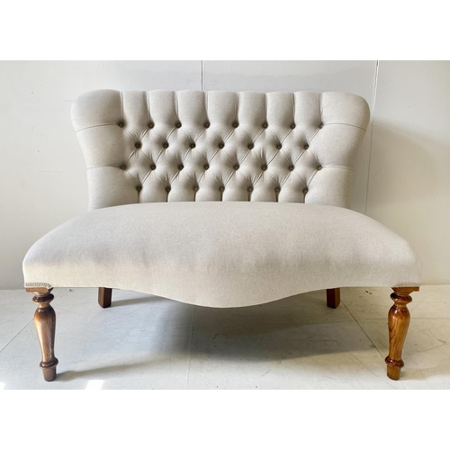 361 - SOFA, neutral buttoned back upholstery, 107cm W x 80cm H x 65cm D