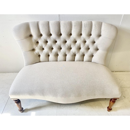 361 - SOFA, neutral buttoned back upholstery, 107cm W x 80cm H x 65cm D