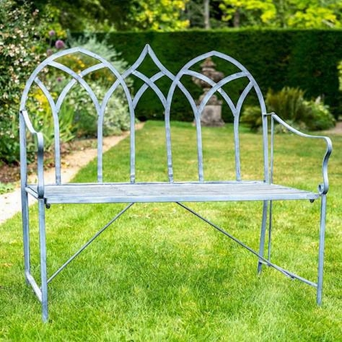 364 - GARDEN BENCH, Gothic style, grey painted metal, 103cm H x 104cm W x 55cm D.