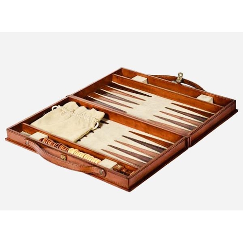 365 - BACKGAMMON SET, in a leathered case, 23cm W x 40cm D x 7cm H.