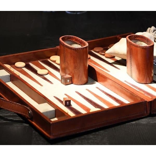 365 - BACKGAMMON SET, in a leathered case, 23cm W x 40cm D x 7cm H.