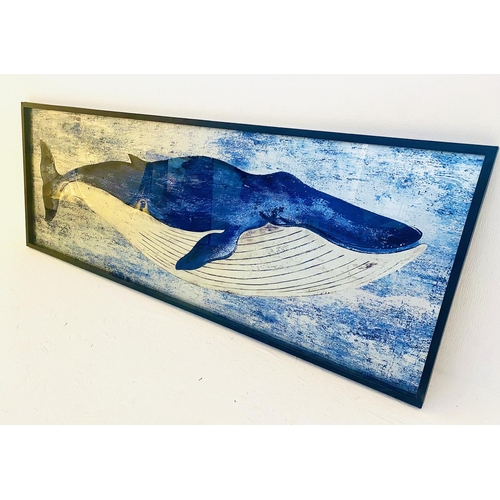 368 - CONTEMPORARY SCHOOL WHALE PRINT, 44cm H x 120cm W.