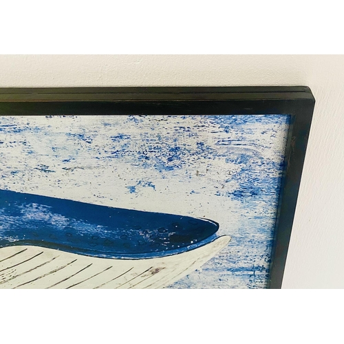 368 - CONTEMPORARY SCHOOL WHALE PRINT, 44cm H x 120cm W.