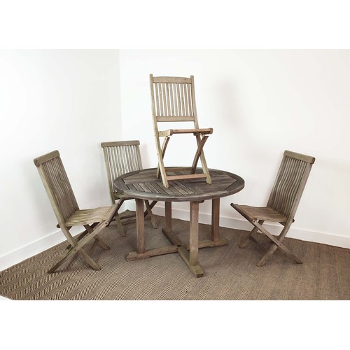 400 - LISTER GARDEN TABLE, weathered teak, circular, 121cm W x 75cm H, and four folding chairs. (5)