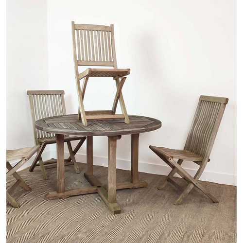 400 - LISTER GARDEN TABLE, weathered teak, circular, 121cm W x 75cm H, and four folding chairs. (5)