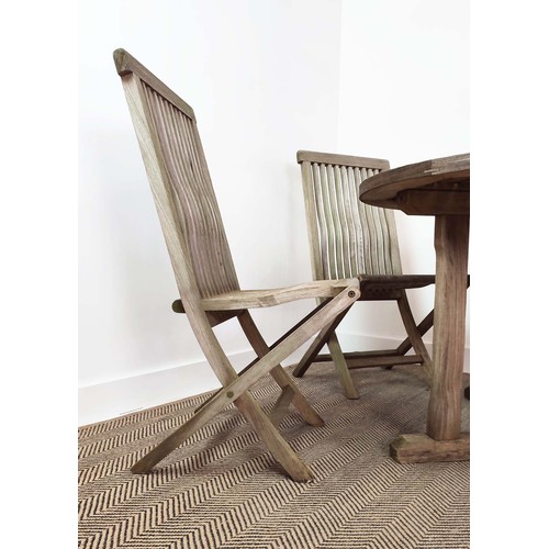 400 - LISTER GARDEN TABLE, weathered teak, circular, 121cm W x 75cm H, and four folding chairs. (5)