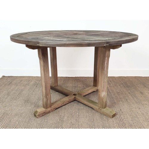 400 - LISTER GARDEN TABLE, weathered teak, circular, 121cm W x 75cm H, and four folding chairs. (5)