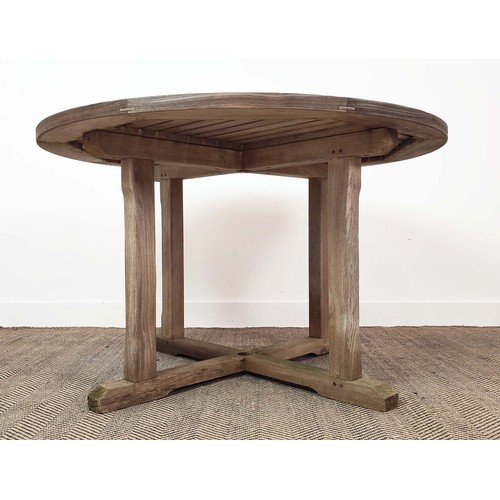 400 - LISTER GARDEN TABLE, weathered teak, circular, 121cm W x 75cm H, and four folding chairs. (5)