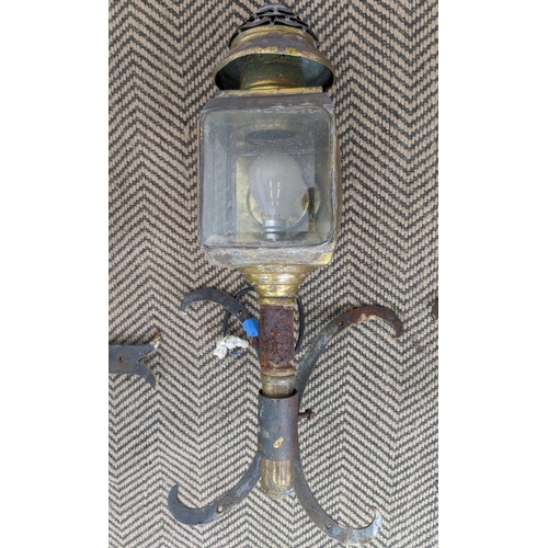 165 - CARRIAGE LAMPS, a pair, four brass, electrified with brackets, each 55cm tall. (2)