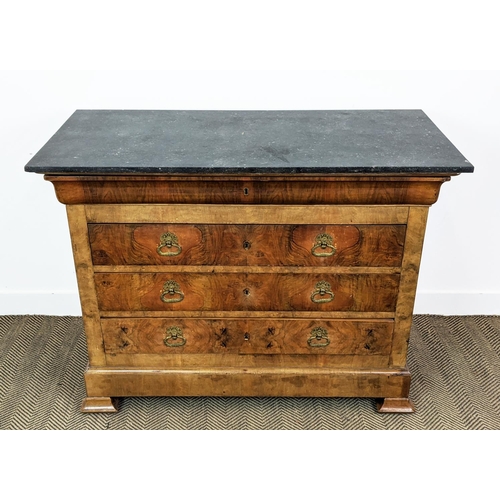 169 - COMMODE, louis Philippe mahogany with a marble top and four drawers, 127cm W x 57cm D x 98cm H.