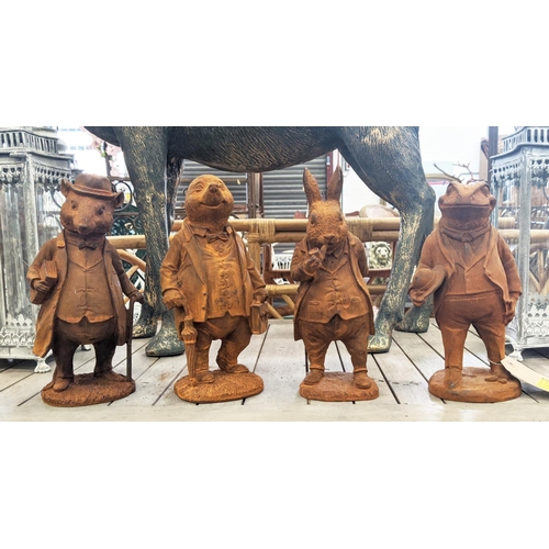 408 - SCULPTURAL CHARACTERS, a set of four, cast metal, 29cm H at tallest approx. (4)