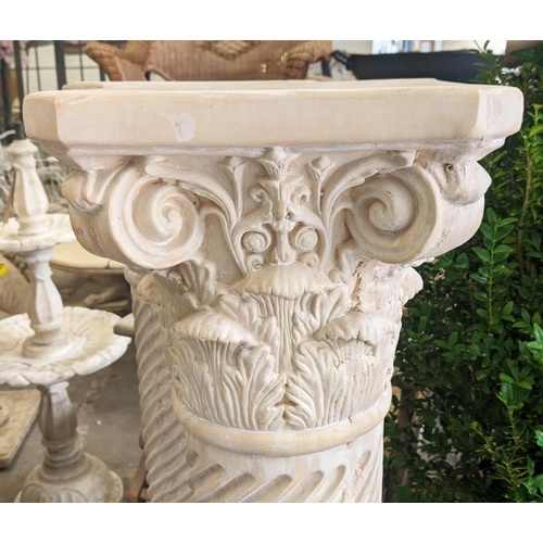 414 - CORINTHIAN COLUMN DISPLAY PEDESTALS, a pair, faux stone, 106cm H.