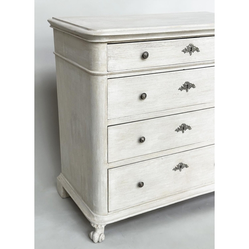 103 - COMMODE, 19th century Danish grey painted with four long drawers and carved front supports, 96cm W x... 