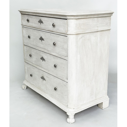 103 - COMMODE, 19th century Danish grey painted with four long drawers and carved front supports, 96cm W x... 