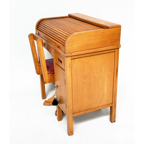 112 - CHILDS DESK AND CHAIR BY TAYLORS OF LEICESTER, 1950's beech with roll top, locking cabinet and swive... 