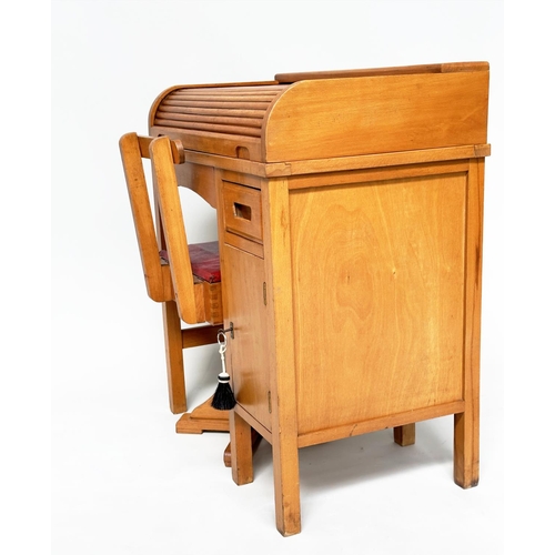 112 - CHILDS DESK AND CHAIR BY TAYLORS OF LEICESTER, 1950's beech with roll top, locking cabinet and swive... 