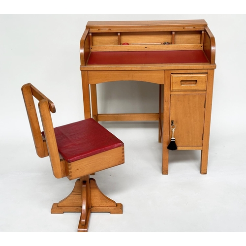 112 - CHILDS DESK AND CHAIR BY TAYLORS OF LEICESTER, 1950's beech with roll top, locking cabinet and swive... 