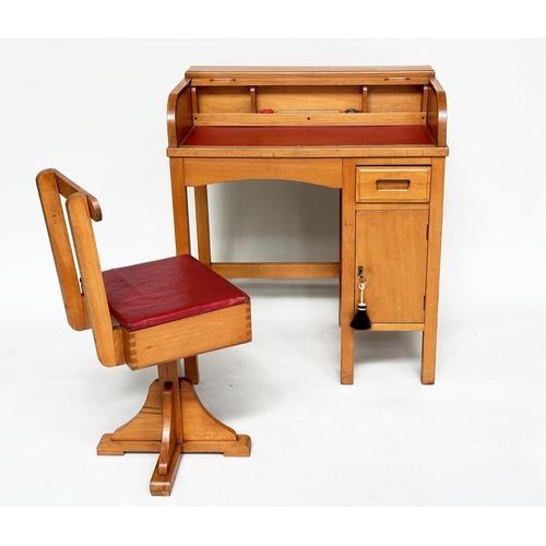 112 - CHILDS DESK AND CHAIR BY TAYLORS OF LEICESTER, 1950's beech with roll top, locking cabinet and swive... 