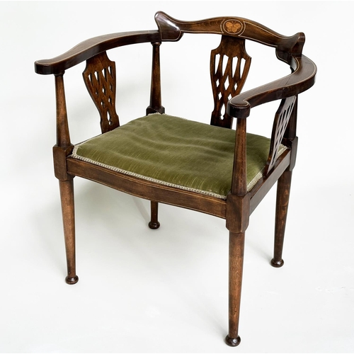 115 - SALON ARMCHAIR, Edwardian mahogany and satinwood 'butterfly' marquetry inlaid with moss green velvet... 