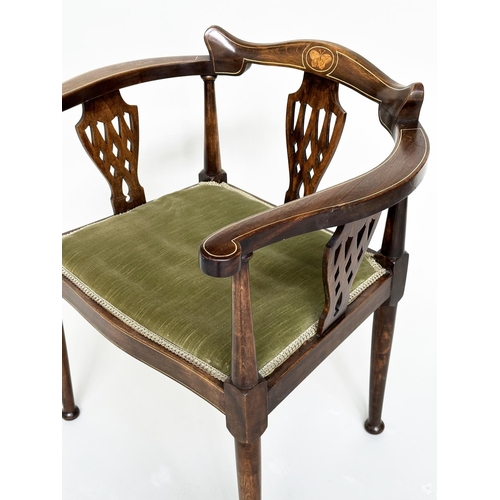 115 - SALON ARMCHAIR, Edwardian mahogany and satinwood 'butterfly' marquetry inlaid with moss green velvet... 