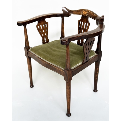 115 - SALON ARMCHAIR, Edwardian mahogany and satinwood 'butterfly' marquetry inlaid with moss green velvet... 