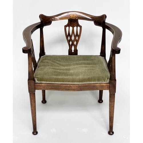 115 - SALON ARMCHAIR, Edwardian mahogany and satinwood 'butterfly' marquetry inlaid with moss green velvet... 