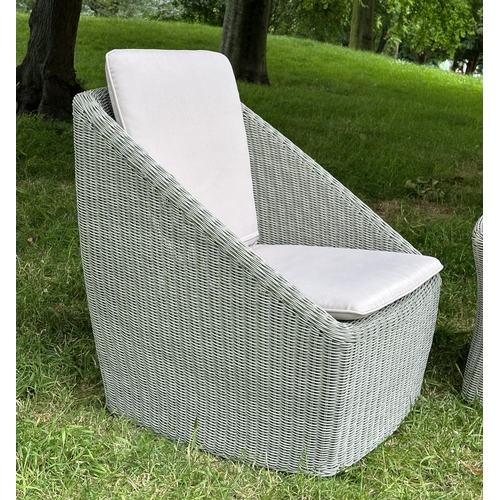 121 - CONSERVATORY CHAIRS, a pair, tub form woven cane each with cushion, 78cm H x 65cm W x 70cm D, and a ... 