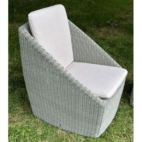 121 - CONSERVATORY CHAIRS, a pair, tub form woven cane each with cushion, 78cm H x 65cm W x 70cm D, and a ... 