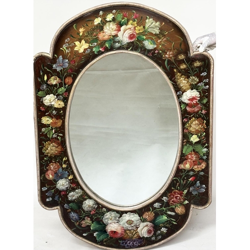 91 - WALL MIRROR, oval mirror inset with shaped hand painted broad floral frame, 122cm x 81cm.