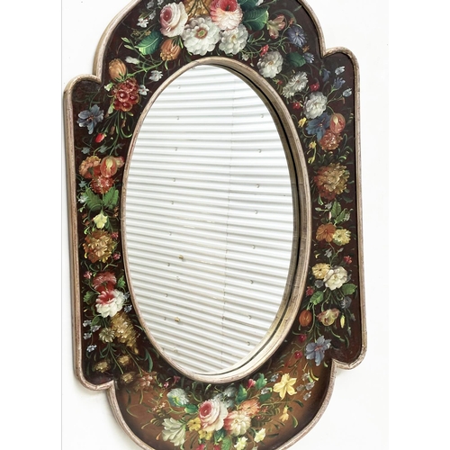 91 - WALL MIRROR, oval mirror inset with shaped hand painted broad floral frame, 122cm x 81cm.