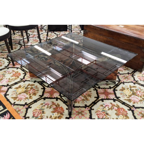 384 - COFFEE TABLE, vintage 1970s, with a smoked glass top on a base with curved perspex panes, 100cm W x ... 