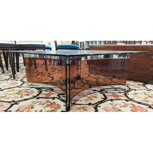 384 - COFFEE TABLE, vintage 1970s, with a smoked glass top on a base with curved perspex panes, 100cm W x ... 