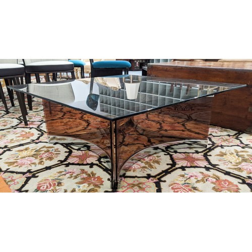 384 - COFFEE TABLE, vintage 1970s, with a smoked glass top on a base with curved perspex panes, 100cm W x ... 