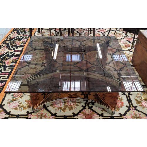 384 - COFFEE TABLE, vintage 1970s, with a smoked glass top on a base with curved perspex panes, 100cm W x ... 